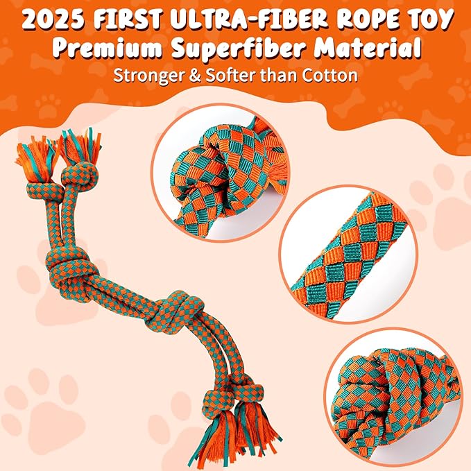 Heavy-Duty Dog Rope Toy — 6-Knot Super-Strength Fiber Tug Rope, Ideal for Powerful Chewers The First Super-Fiber Durable Chew Toy, Specifically Designed for Large and Medium-Sized Dogs (Small)