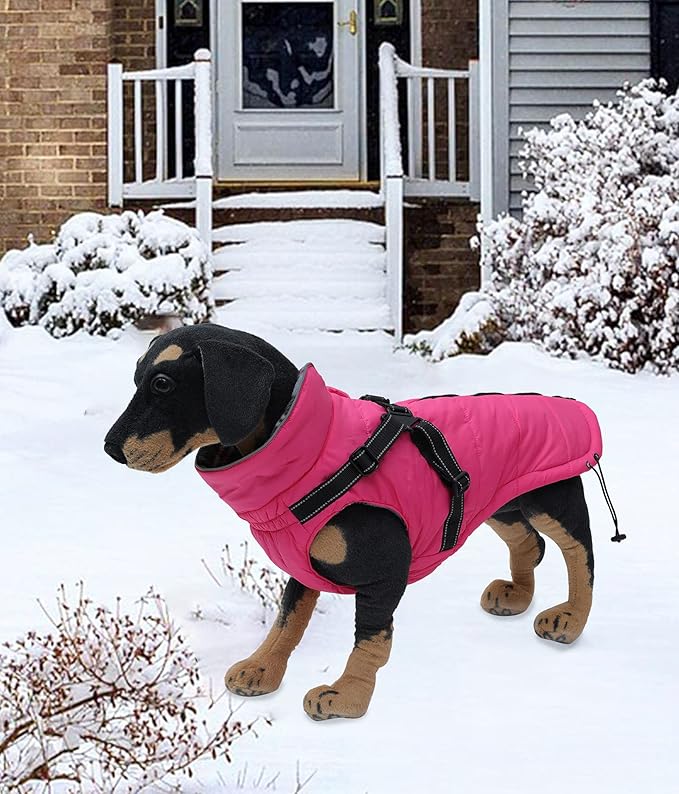 Geyecete Winter Warm Coat Waterproof Dog Winter Jacket with Harness Traction Belt,Pet Outdoor Jacket Dog Autumn and Winter Clothes for Medium, Small Dog-Pink-XS