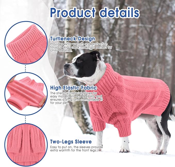 Queenmore Dog Sweater Large Size Dog, Large Dogs Sweater Xmas,Turtleneck Pullover Doggy Sweaters for Dogs Girls Boys,Sweater Pet L,Thanksgiving Knitted Doggy Clothes for French Bulldog(Pink,L)