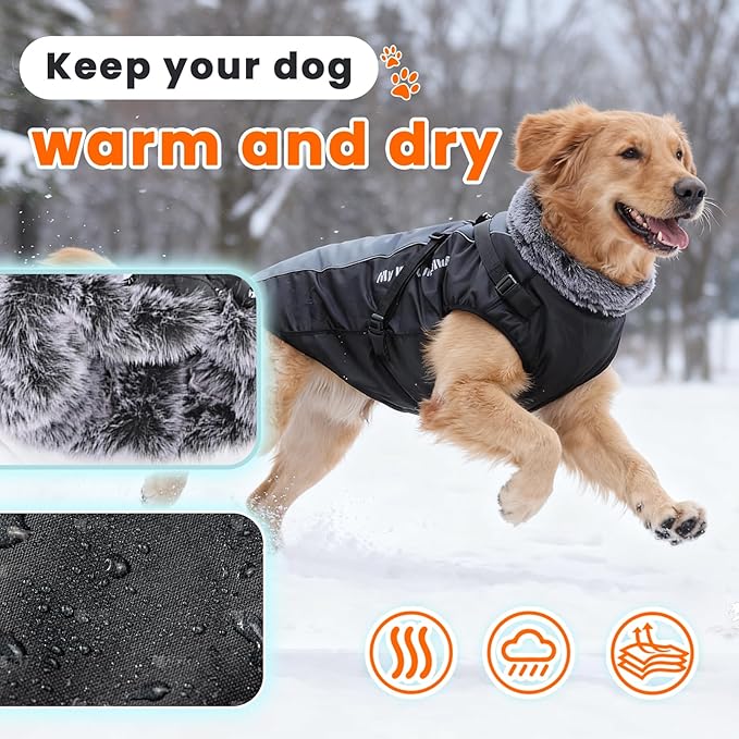 Dog Coat for Medium Large Dogs,Waterproof Reflective Dog Winter Jacket with Harness, Fleece Snowsuit,Warm Pet Winter Coat(Grey-XL)