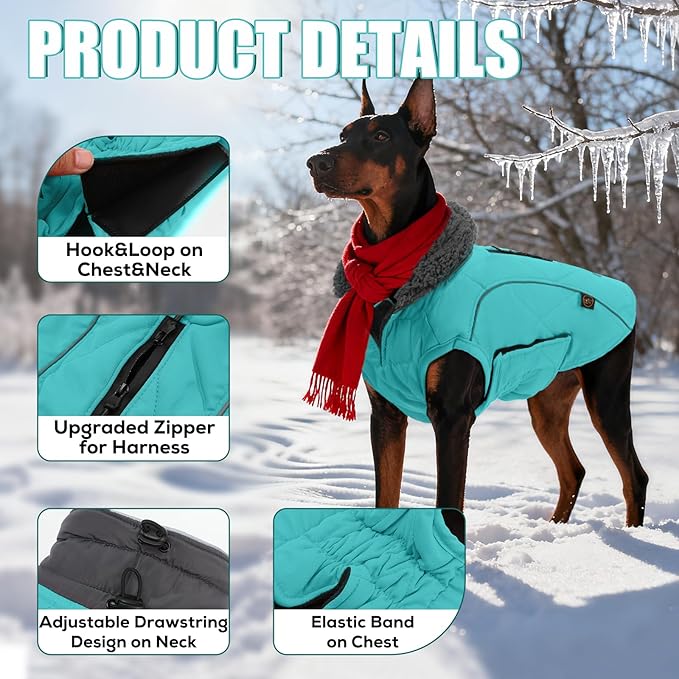 EMUST Dog Jackets for Winter, Cold Weather Coats for Dogs, Soft Winter Jackets for Medium Large Dogs, Turquoise, L