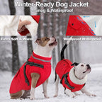 Dogcheer Dog Coat with Harness, Waterproof Warm Dog Winter Jacket with Pockets, Reflective Pet Fleece Jacket Turtleneck Snowsuit for Small Medium Large Dogs - Red, 2XL