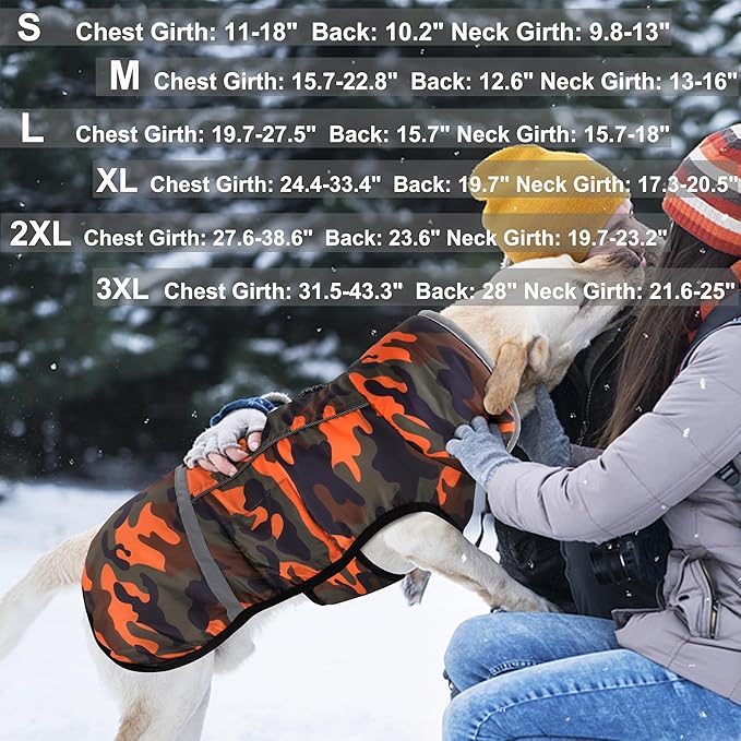 Dogcheer Warm Dog Coat, Waterproof Dog Jacket Christmas Puppy Winter Coat with Buckle, Reflective Adjustable Pet Snow Jacket Turtleneck Fleece Sweater for Small Medium Large Dogs - Orange Camo, 3XL