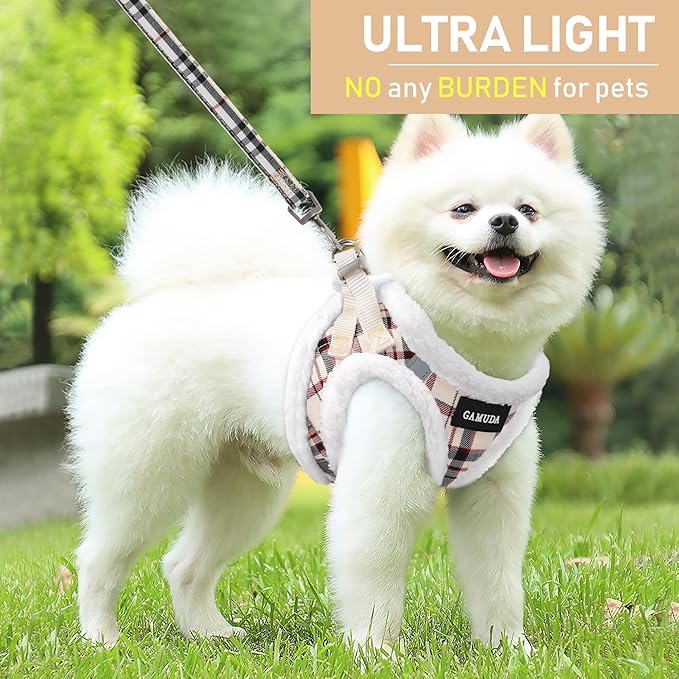 GAMUDA Small Dog Harness Collar and Leash Set, Step in No Chock No Pull Soft Mesh Adjustable Dog Vest Harnesses Plaid Reflective for Dogs Puppy Cats Kitten Rabbit (Warm Beige, L)
