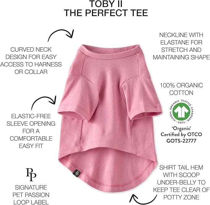 Toby II - The Perfect Tee, 8 Pack Short Sleeve Pet T-Shirt 100% Organic Cotton Tees Clothes for Small, Medium, Large Dogs, Rainbow Pink, XX-Large