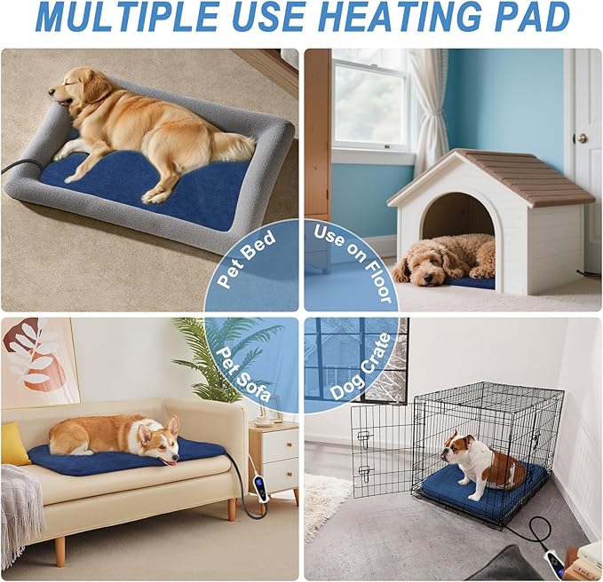 Bestio Extra Large Dog Heating pad,47×30 in Heated Dog Bed Adjustable Thermostat (1-24 Hours) and Chew Resistant Steel Cord with One Blue Plush Cover