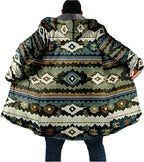 Mens Aztec Print Hoodie Heavyweight Cotton Fleece Jacket Zip Up Warm Long Sleeve Hooded Winter Midi Coat