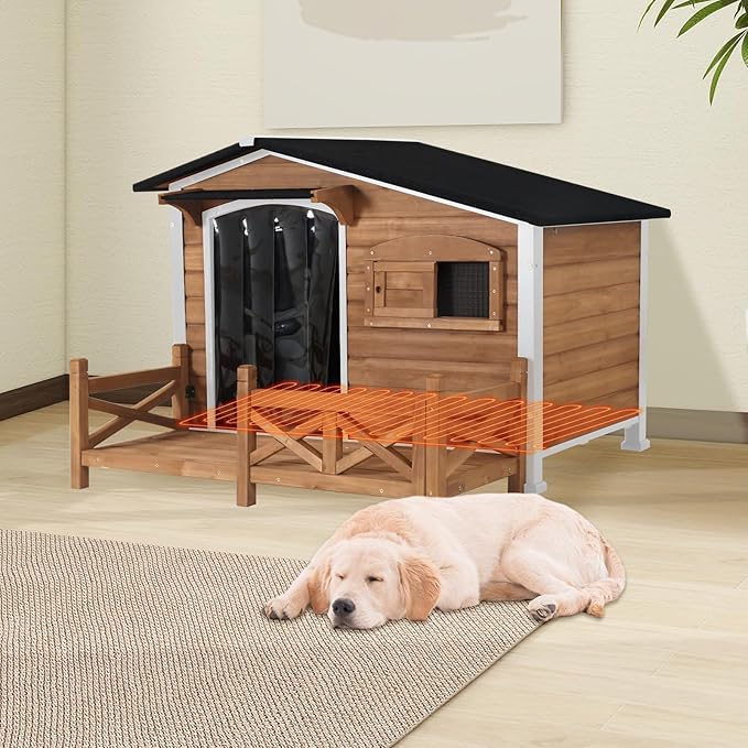 Heated Dog House for Outdoor Use with Matel Frame, Waterproof Design & Heating Blanket - All-Weather Wooden Kennel with Sliding Window & Metal Frame (Brown-H, L)