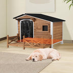 Heated Dog House for Outdoor Use with Matel Frame, Waterproof Design & Heating Blanket - All-Weather Wooden Kennel with Sliding Window & Metal Frame (Brown-H, L)