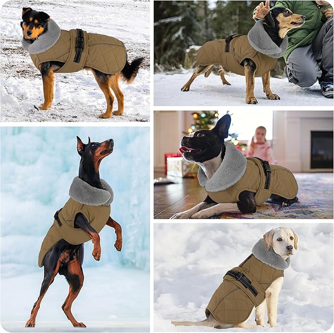 Dog Coat, Waterproof Dog Winter Jacket with Adjustable Buckle, Reflective Turtleneck Pet Snow Vest Warm Fleece Sweater for Small Medium Large Dogs - Khaki, 2XL