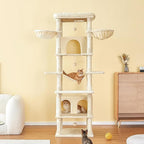 MWPO Extra Large Cat Tree, 77.6-Inch Tall Cat Tower for Indoor Cats with 2 Condos, Multi-Level Cat Stand for Large Cats, 3 Hammocks, Wide Perch, Scratching Posts, Dangling Toys, Beige