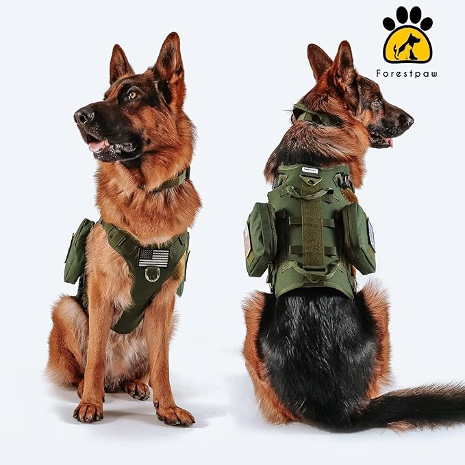 Forestpaw Dog Harness Medium Sized,Tactical Dog Harness with Handle,No Pull Military Style Service Dog Vest with Pockets Adjustable for Medium Large Dogs,Green,Chest 19.5-41.5"