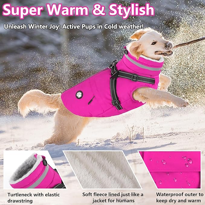 Dogcheer Dog Coat with Harness, Waterproof Dog Jacket Christmas Pet Winter Coat with Pockets, Reflective Doggy Turtleneck Fleece Jacket for Small Medium Large Dogs - Pink, 2XL