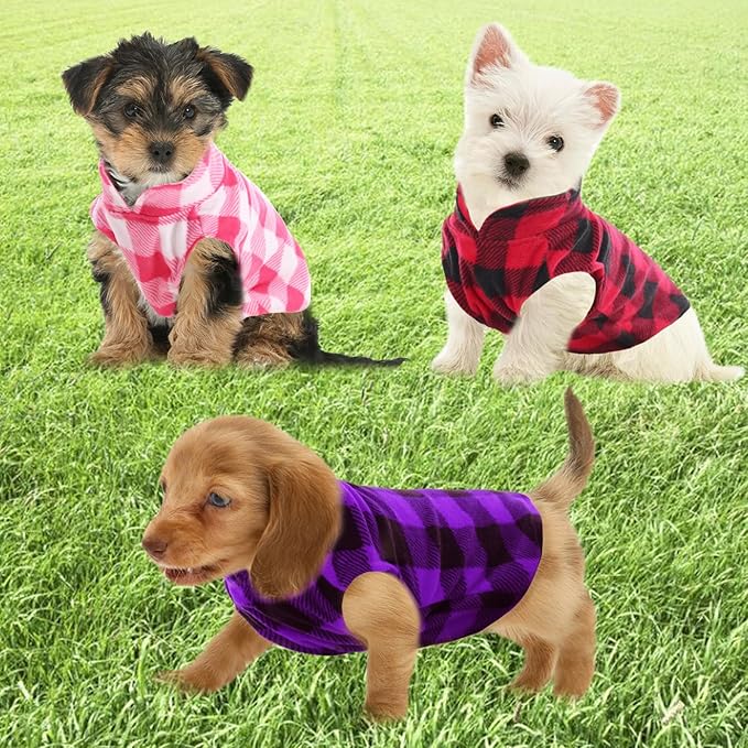 Kama Bridal 3 Pack Dog Coat - Spring, Autumn, Winter - Fleece Vest for Cats & Dogs - Small & Medium - Red, Pink, Purple Plaid (M)