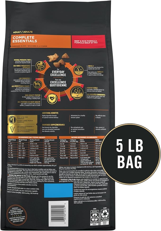 Purina Pro Plan Complete Essentials Shredded Blend Beef and Rice Dog Food Dry Formula with Probiotics for Dogs - 5 lb. Bag