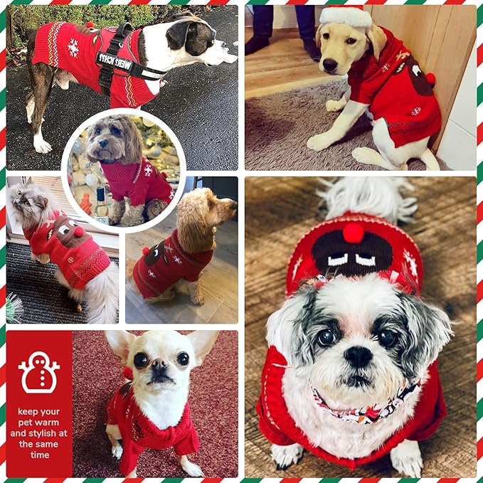 PETCARE Dog Christmas Sweater Red Ugly Funny Cute Cartoon Reindeer Cat Sweaters Jumper Holiday Dog Clothes Puppy Sweaters for Small Medium Large Dogs Fall Winter Outfits Xmas Dogs Costume,X-Large