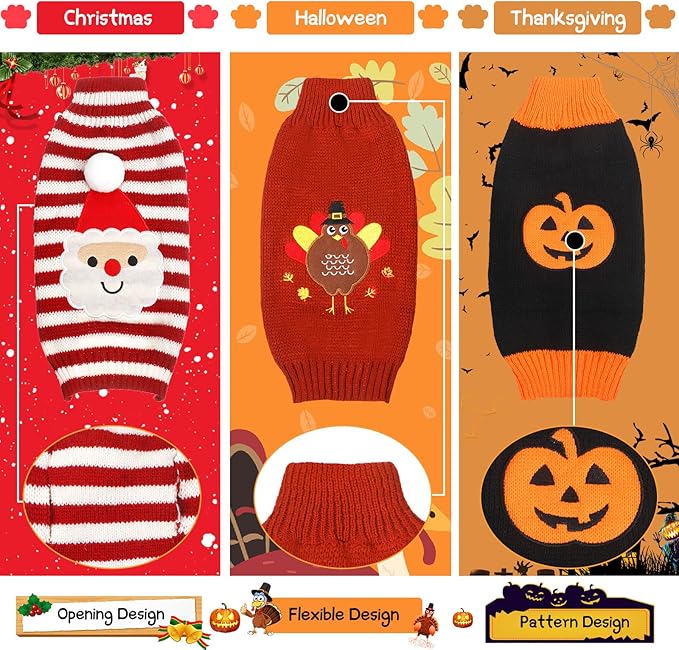 Sanwuta 3 Pieces Halloween Thanksgiving Christmas Dog Sweaters Sets Pumpkin Turkey Santa Puppy Dog Clothes Pet Knitwear for Dog Cat Pet Costume(Small)