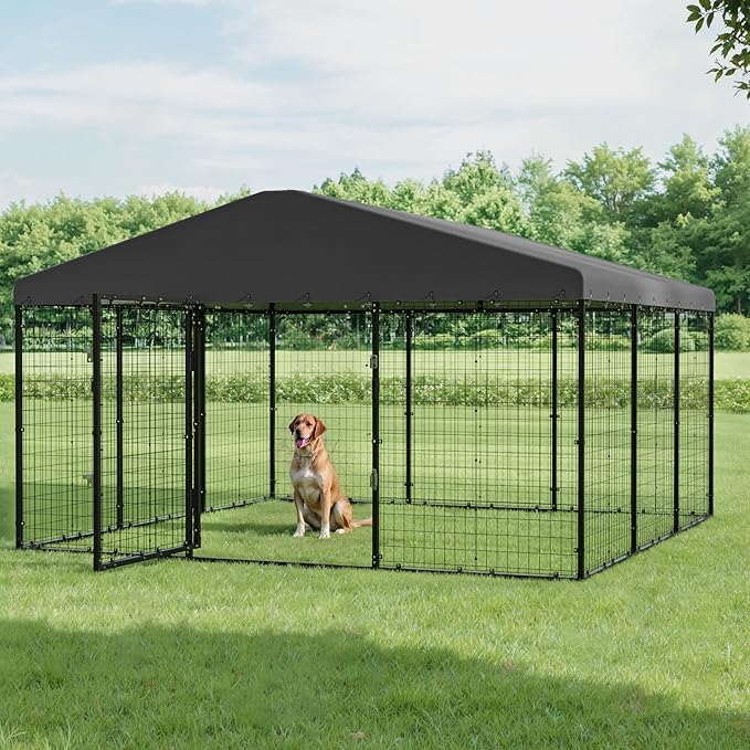 Large Dog Kennel with Roof, Outdoor Heavy Dog Cage for Big Dogs, 118x118x70.9 Galvanized Dog Fence Pen with Double Secure Locks，Weatherproof ，for Large Dogs