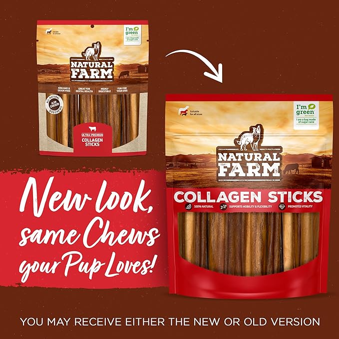 Natural Farm Bully Sticks Stuffed Collagen Sticks for Dogs (4-5 Inch, 10-Pack), Rawhide-Free, Natural Dog Chews, Long Lasting, Small, Medium and Large Dogs, Great Rawhide Alternative