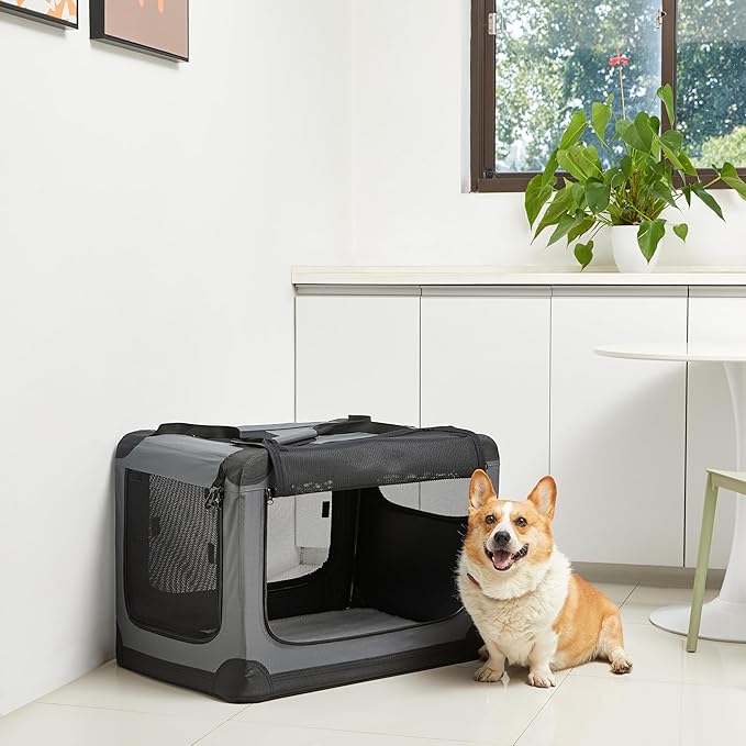 Amazon Basics 4-Doors Portable Soft-Sided Folding Travel Crate Kennel for cat, Dog, and Other Small Animals, Grey, M 30" x 21" x 21"