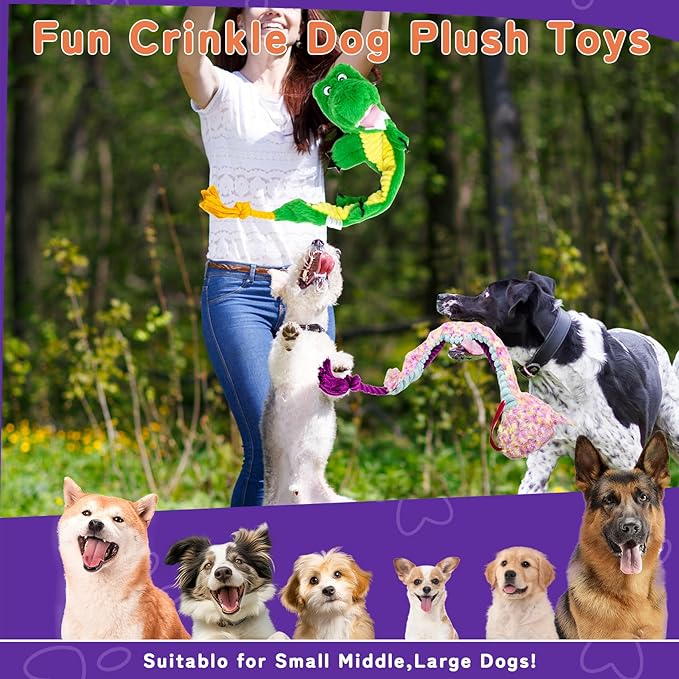 Crinkle Dog Toys Squeaky Plush No Stuffing Cute Puppy Stuffless Tough Rop Pull Toy, Fun Dog Stuffed Animals Durable Chew Set for Small Medium Large Pup (Large, Snake+Alligators)