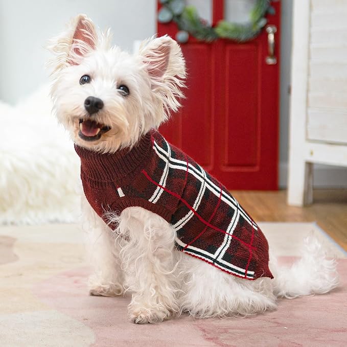 PUPTECK Dog Christmas Sweaters for Large Medium Small Dogs - Fall Classic Plaid Style Puppy Holiday Winter Coat Clothes Warm, Deep Red, SM