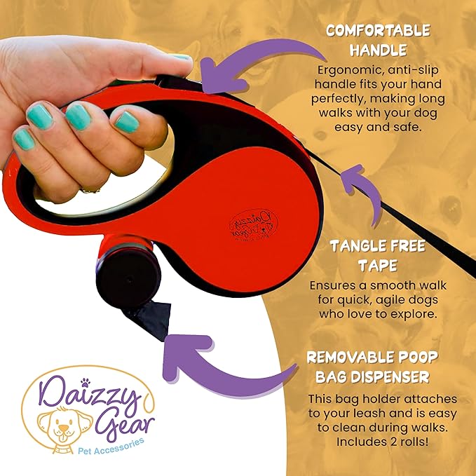Long Retractable Dog Leash with Poop Bag Dispenser – Tangle-Free 16FT Extendable Leash for Small Dogs and Medium with Removable Waste Bag Holder & 2 Rolls of Bags - Medium - Red