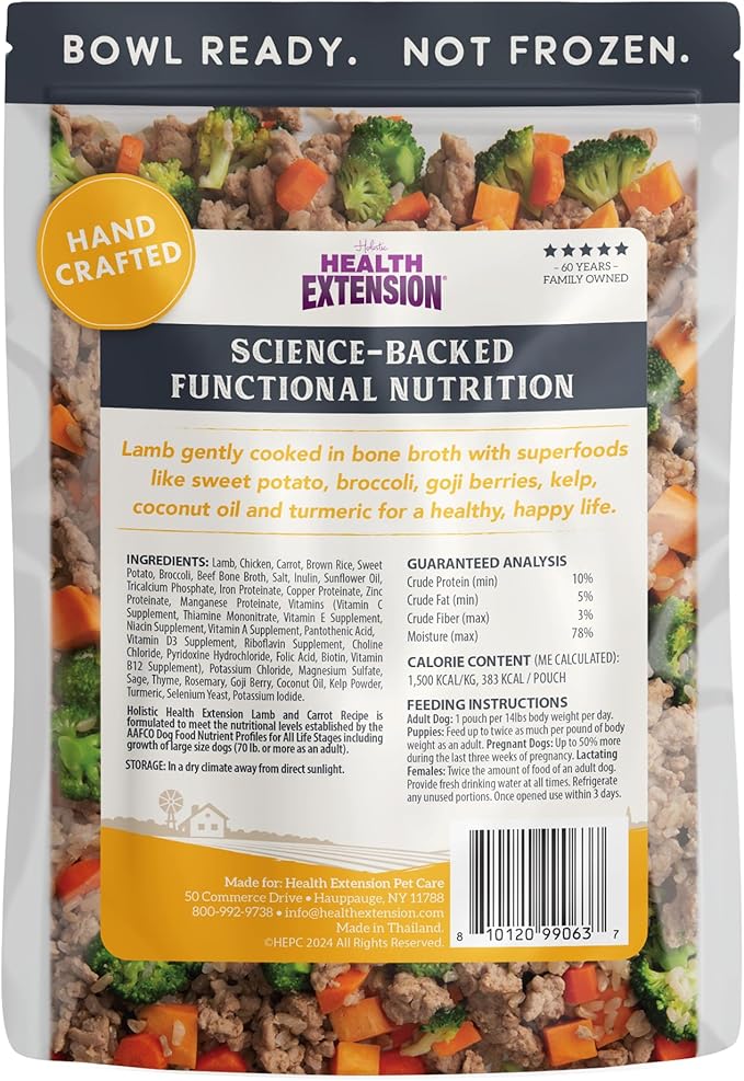 Health Extension Gently Cooked Lamb & Carrot Dog Food, Human-Grade & Shelf-Stable with Superfoods, Supports Digestion, Immunity, Skin & Coat, 3 oz Pouch (Pack of 20)