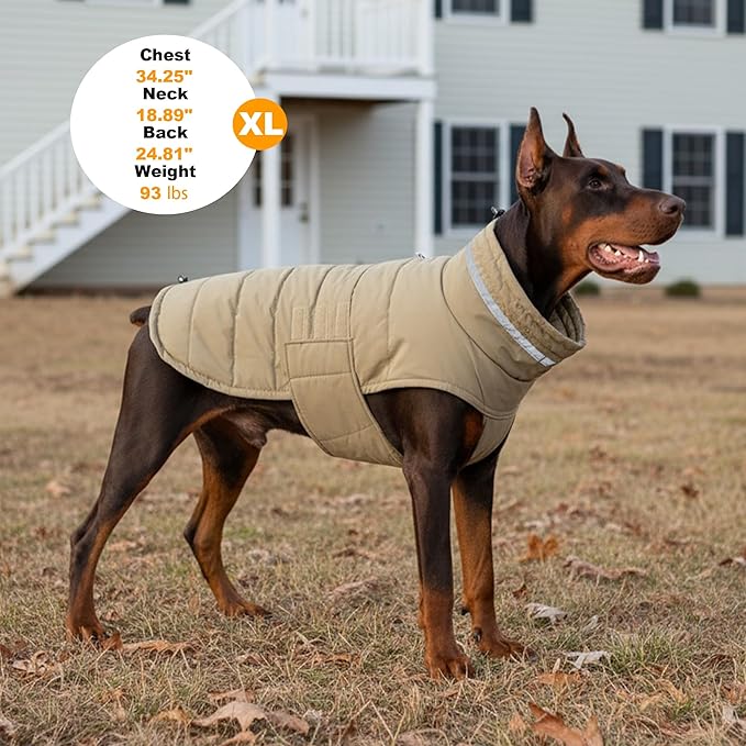 Dog Coat, Waterproof Winter Jacket, Warm Windproof Vest, Reflective Adjustable Turtleneck Coats for Large Dogs with Hook & Loop - Khaki - XL