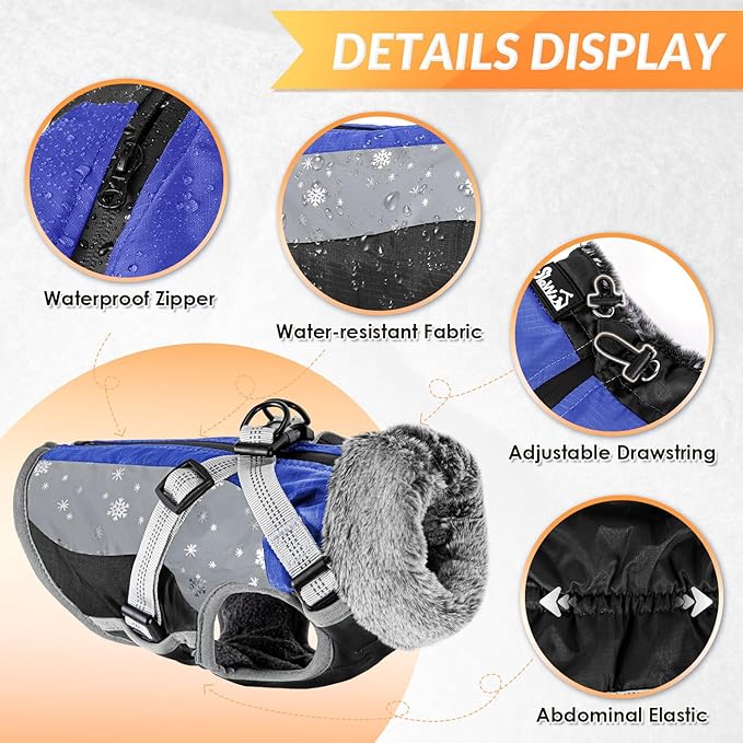 SlowTon Dog Jacket with Harness Built in - Waterproof Fleece Winter Warm Dog Coats for Small Medium Dogs, Reflective Adjustable Furry Puppy Vest Clothes for Outdoor Walking (Blue,S)