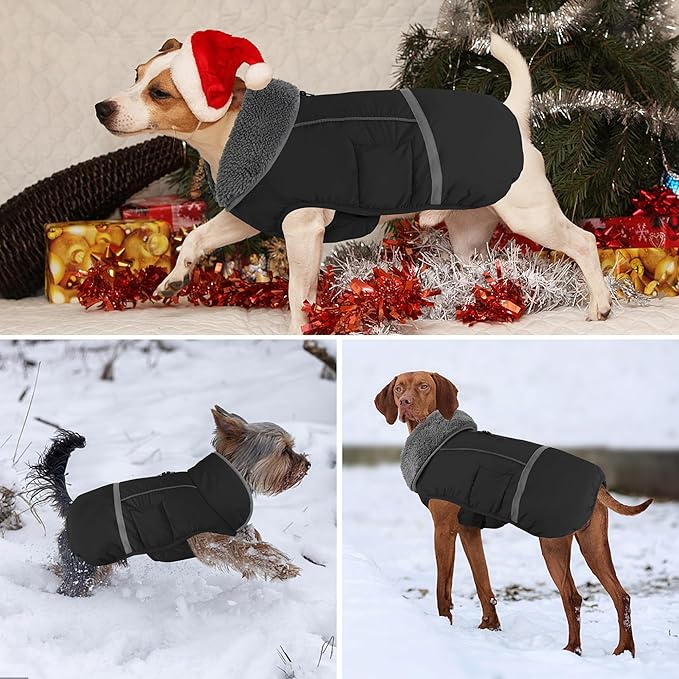 Dogcheer Warm Dog Coat, Waterproof Dog Jacket Christmas Puppy Winter Coat with Buckle, Reflective Adjustable Pet Snow Jacket Turtleneck Fleece Sweater for Small Medium Large Dogs - Black, 2XL