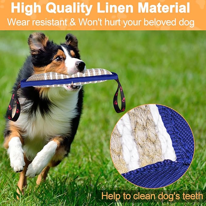 Dog Tug Toy Dog Bite Jute Pillow Pull Toy with 2 Strong Handles Perfect for Tug of War, Puppy Interactive Play, Tear Resistant Bite Training Toys for Small Medium Large Dogs (Blue Footprint)