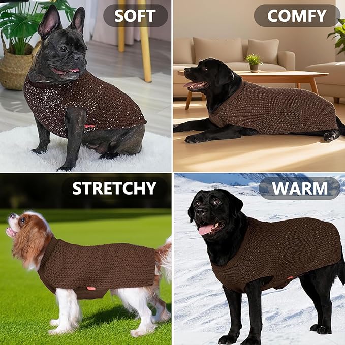 KYEESE Dog Sweater with Leash Hole Comfy Pullover Sweater Medium Size Male with Reflective Yarn Warm Pet Coats Stretchy Cozy Lightweight Thick Knitwear Dog Clothes,Khaki, X-Large