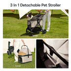 Pet Stroller with 4 Wheels, 4 in 1 Folding Puppy Strollers for Small/Medium Dogs up to 66lbs, Lightweight Pet Travel Carrier with Detachable Carrier/Storage Basket, One Click Folding, Beige