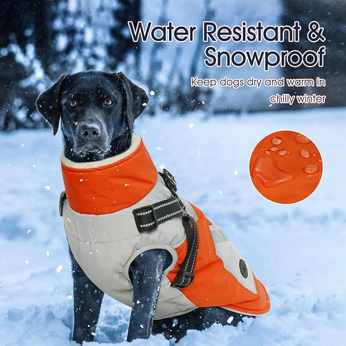 IECOii Dog Jacket Winter Harness Built in -Orange,XXXLarge- Zip Up Dog Coat Winter Clothes for Large Dogs Waterproof, Dogs Snowsuit Snow Jacket D-Rring Labrador German Shepherd Doberman Rottweiler
