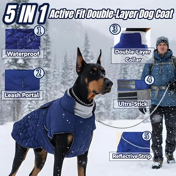 2-Layer Classic Quilted Warmth Dog Winter Coat, Waterproof Outdoor Coats for Small Dogs, Lightweight & Thick Puppy Jacket with Leash Hole, Turtleneck Pet Vest Clothes for Chihuahua Yorkie(Blue, XS)
