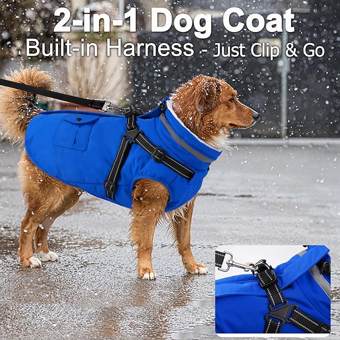 Dogcheer Dog Coat with Harness, Waterproof Warm Dog Winter Jacket with Pockets, Reflective Pet Fleece Jacket Turtleneck Snowsuit for Small Medium Large Dogs - Blue, XS