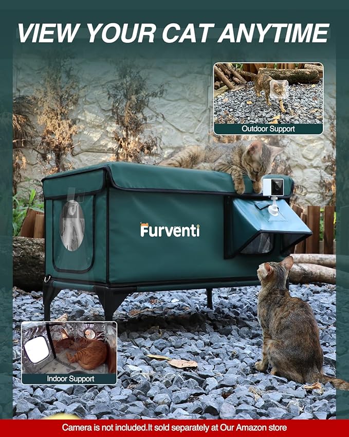 Outdoor Heated Cat House in Winter,Extremely Insulated & Weatherproof,Elevated Feral Cat Shelter with Waterproof Eaves & Escape Door for Outside Stray Barn Cat (Dark Green,L)