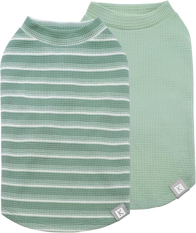 KYEESE 2Pack Waffle Dog Shirts for Small Dogs Stretchy Dog T-Shirts Lightweight Pet Tank Top Sleeveless Striped Pet Shirt Vest Breathable Cat Shirt, Small, Green+Striped