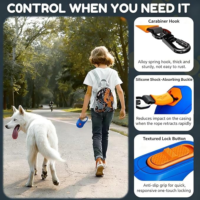 Retractable Dog Leash for Small and Medium Dogs 16 ft, Heavy Duty Nylon Rope with Poop Bag Dispenser, Impact Proof Carabiner, Anti-Slip Handle (Blue, 16FT)