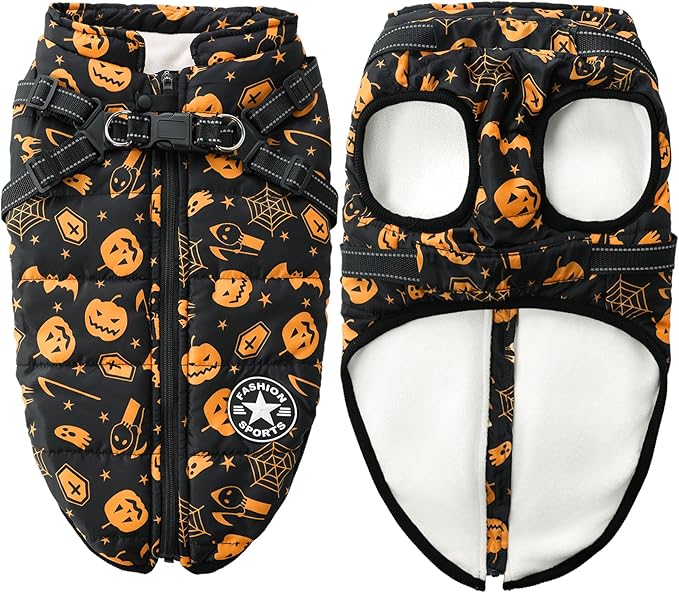 Aiboria Winter Dog Coat Windproof Fleece Jacket with Chest Strap Dog Vest Harness Halloween Black XXL