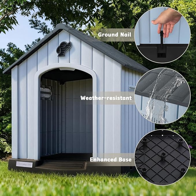 PUKAMI Large Dog House Outdoor Indoor, Plastic Dog House Weatherproof for Large Dogs, Study Puppy Shelter with Air Vents and Elevated Floor, Easy Clean and Assemble (Grey, 36.81"D x 38.7"W x 39.1"H)