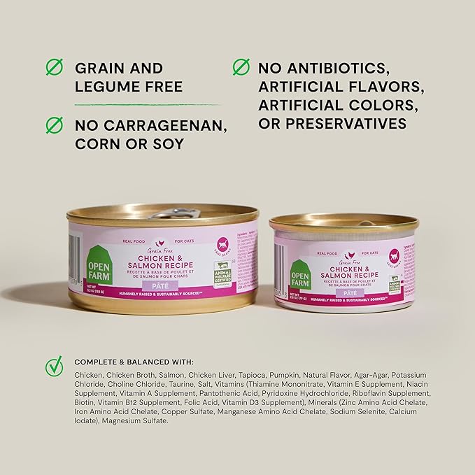Open Farm Canned Cat Food, Pate for Complete & Balanced Nutrition, Grain Free and Legume-Free Wet Cat Food, Chicken & Salmon Recipe, 2.8oz Cans (Case of 18)