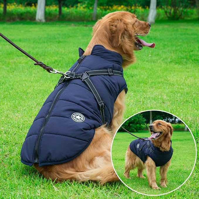 Aiboria Dog Jackets for Winter Windproof Waterproof 2 in 1 Outfit Cold Weather Coat Dog Vest Harness Puppy Winter Warm Jacket Large Blue 4XL