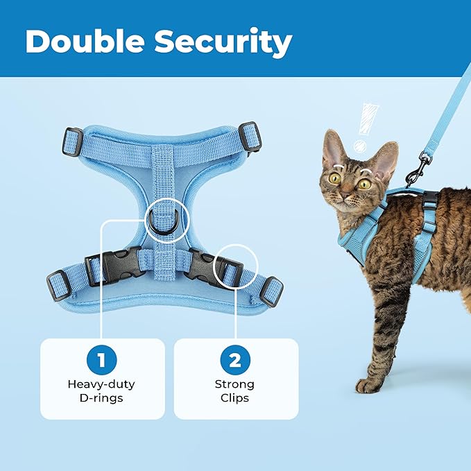 Voyager Escape Proof Cat Harness and Leash Set with Reflective Stitching, Neoprene Handle 5ft - Supports Small, Medium and Large Cats, Kittens for Walking by Best Pet Supplies - Baby Blue, S