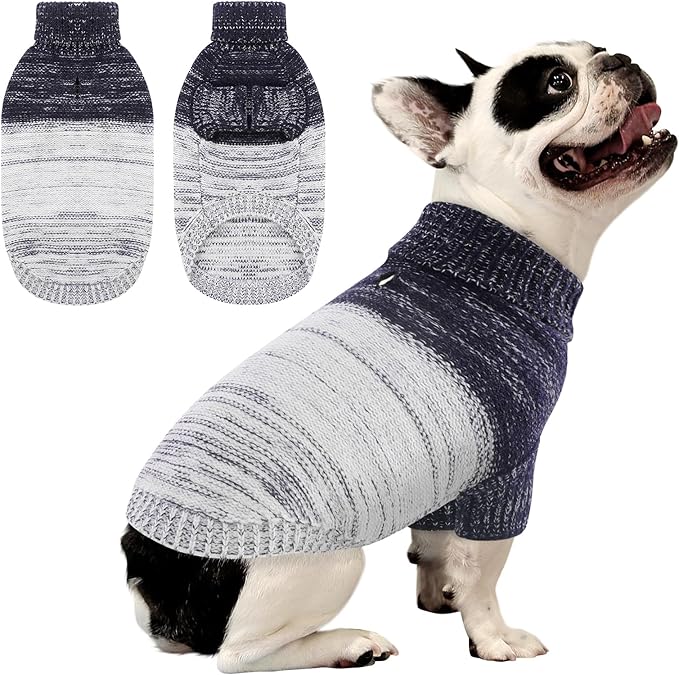 Queenmore Small Dog Sweater, Knitted Puppy Pullover, Soft Turtleneck, Long Sleeves, Blue, Small