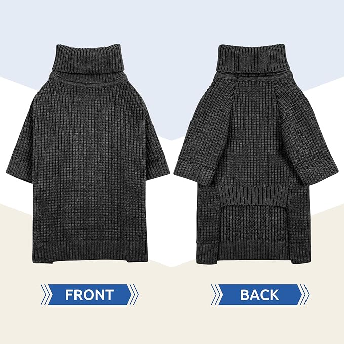 Queenmore Turtleneck Long Sleeve Knitted Sweater with Check Pattern, Warm Dog & Cat Sweater for Small to XXL, Charcoal Gray
