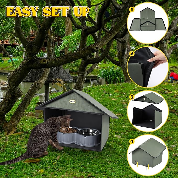 Dreyoo 2 Pack Outdoor Cat Feeding Station for Food & Water, Weatherproof Outdoor Kitty Dining Room Cat Shelter for Stray, Feral Cats and Community Cats, 13”d x 17”w x 15.5'h (Dark Green)