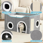 Large Cat Bed for Indoor Cats, Extra Wide Cat Cave House with Scratch Pad and Fluffy Ball, Foldable Cat Hideaway for Kitten Bed, Cat Condo for Cats (Grey, X-Large)