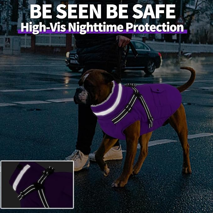 Dogcheer Dog Coat with Harness, Waterproof Warm Dog Winter Jacket with Pockets, Reflective Pet Fleece Jacket Turtleneck Snowsuit for Small Medium Large Dogs - Purple, XS